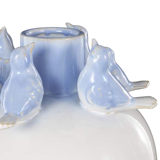 15" White with Blue Bird Accents Ceramic Decorative Vase